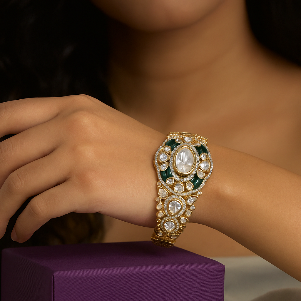 Royal Kundan Polki Bracelet with Green Meenakari Accents